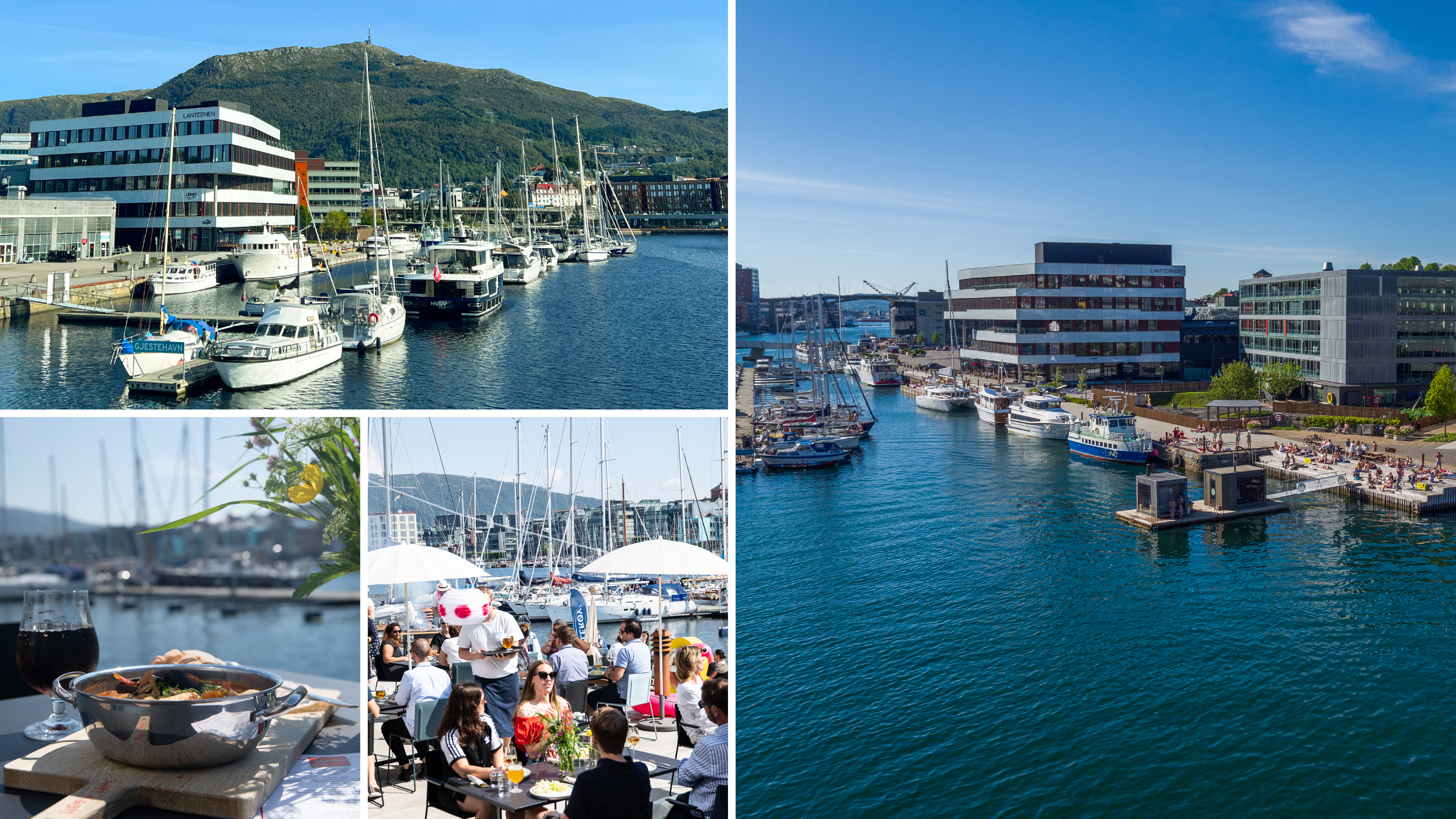 Sammenstilling av flere bilder som viser Marineholmen Gjestebrygge, kanskje Bergens beste gjestehavn.